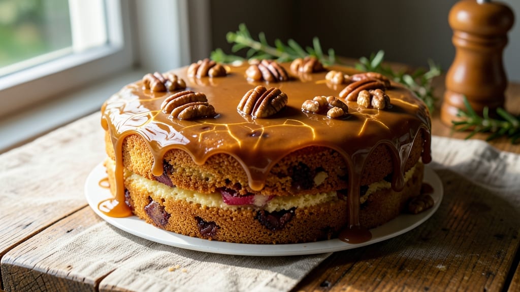 Apple Pecan Cake With Caramel Icing Recipe: Warm Spice and Nutty Streaks in One Bowl