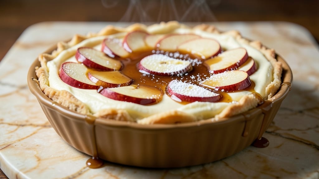 Apple Caramel Brandy Cheesecake Recipe: Boozy Apple Filling Over Crispy Brandy Crust