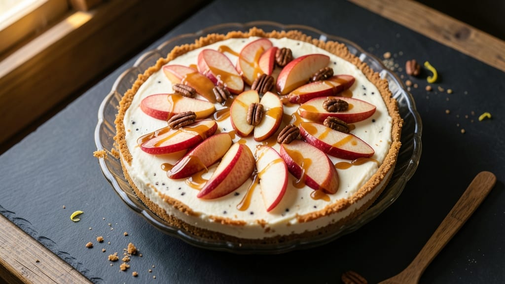 Apple Praline Cheesecake Recipe: Caramelized Apple Streaks in Buttery Crust