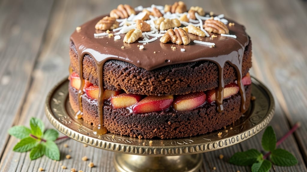 Apple German Chocolate Cake Recipe: Caramelized Apple Layers with Pecan Streusel Crown