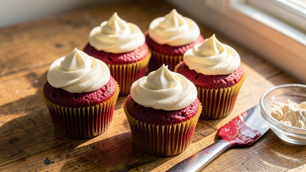 Auntie Em's Red Velvet Cupcakes Recipe: Bold Cream Cheese Frosting Swirls